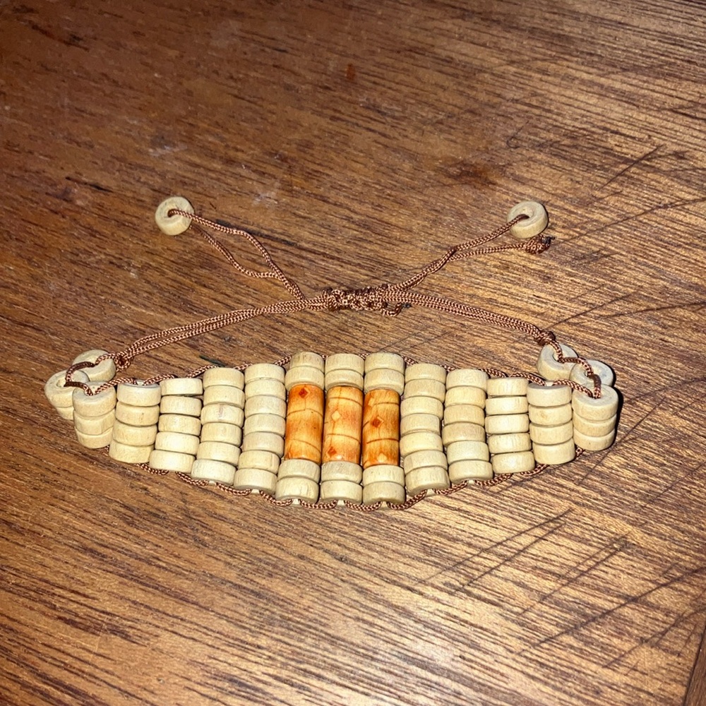 Artisan Natural Wood Adjustable‎ Cord Bracelet with Tan and Brown Smooth Beads